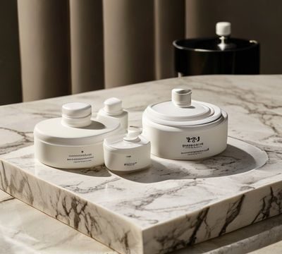 韩国顶级护肤精品套装摆放在极简白色大理石台面上，体现首尔设计美学与高端生活方式